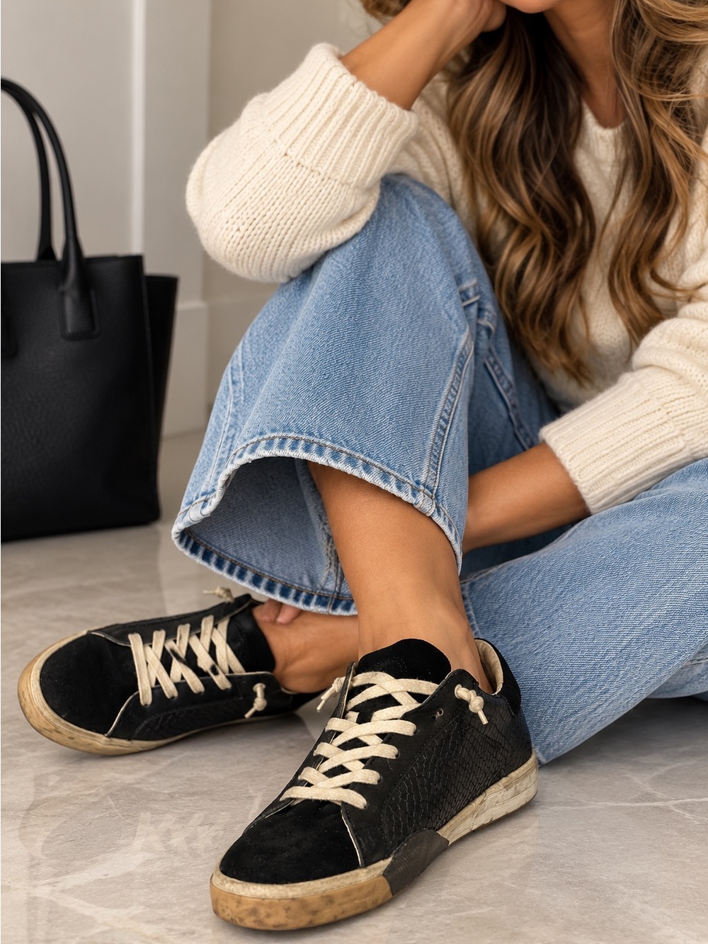 Black Mixed Texture Distressed Low Top Sneakers Cream Laces